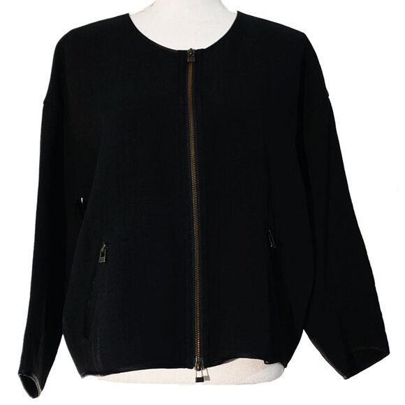 Eileen Fisher Silk-Blend Black Sponge Zippered Jacket - Picture 1 of 8